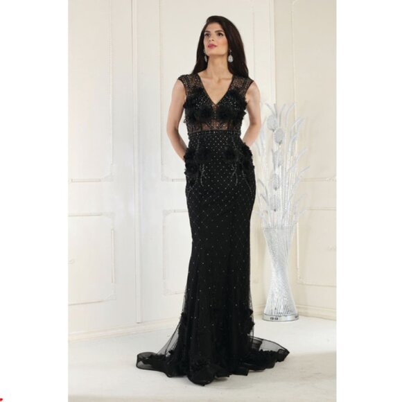 Black Formal V-Neck Sleeveless Sheath Dress By Royal Queen RQ7951